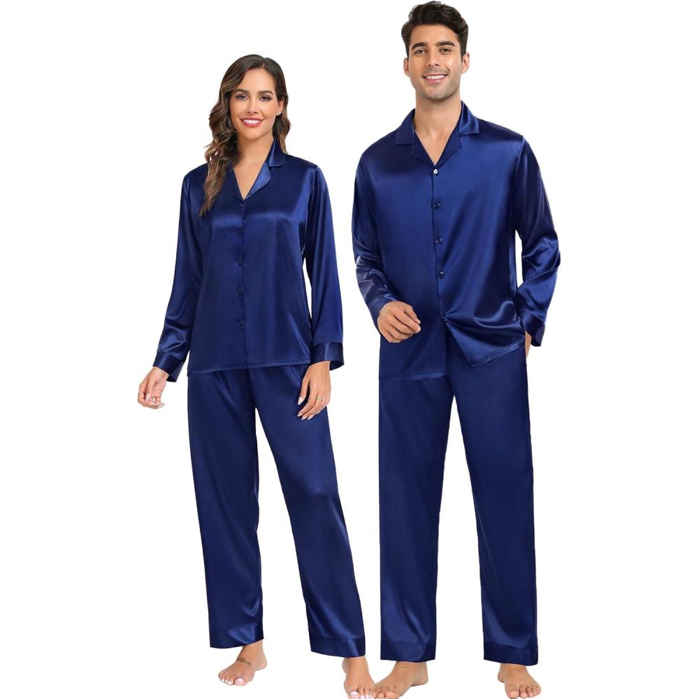 imageSWOMOG Family Matching Pajamas Silk Satin Long Sleeve Sleepwear Soft Button Down Loungewear 2 Pcs Pj SetNavy Blue