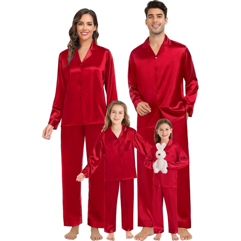 imageSWOMOG Family Matching Pajamas Silk Satin Long Sleeve Sleepwear Soft Button Down Loungewear 2 Pcs Pj SetRed