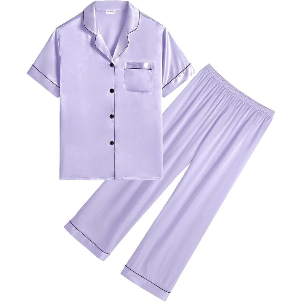 imageSWOMOG Girls Boys Silk Satin Pajamas Set ButtonDown TwoPiece PJs Lounge Sets with Long PantsPantslavender