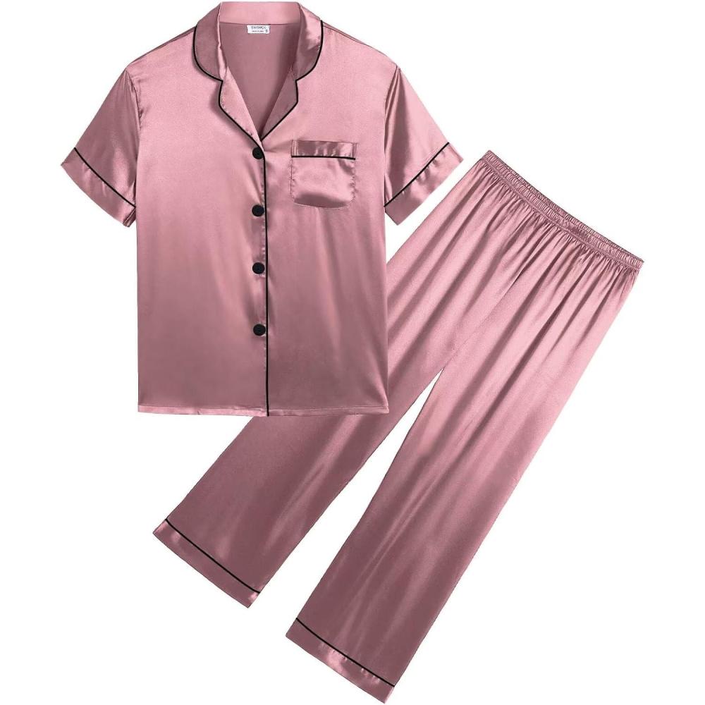 imageSWOMOG Girls Boys Silk Satin Pajamas Set ButtonDown TwoPiece PJs Lounge Sets with Long PantsPantsmisty Rose