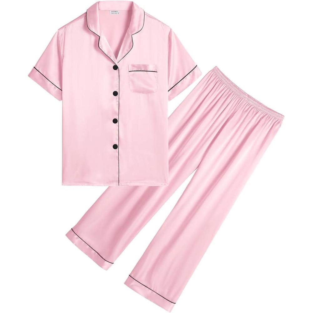 imageSWOMOG Girls Boys Silk Satin Pajamas Set ButtonDown TwoPiece PJs Lounge Sets with Long PantsPantspink