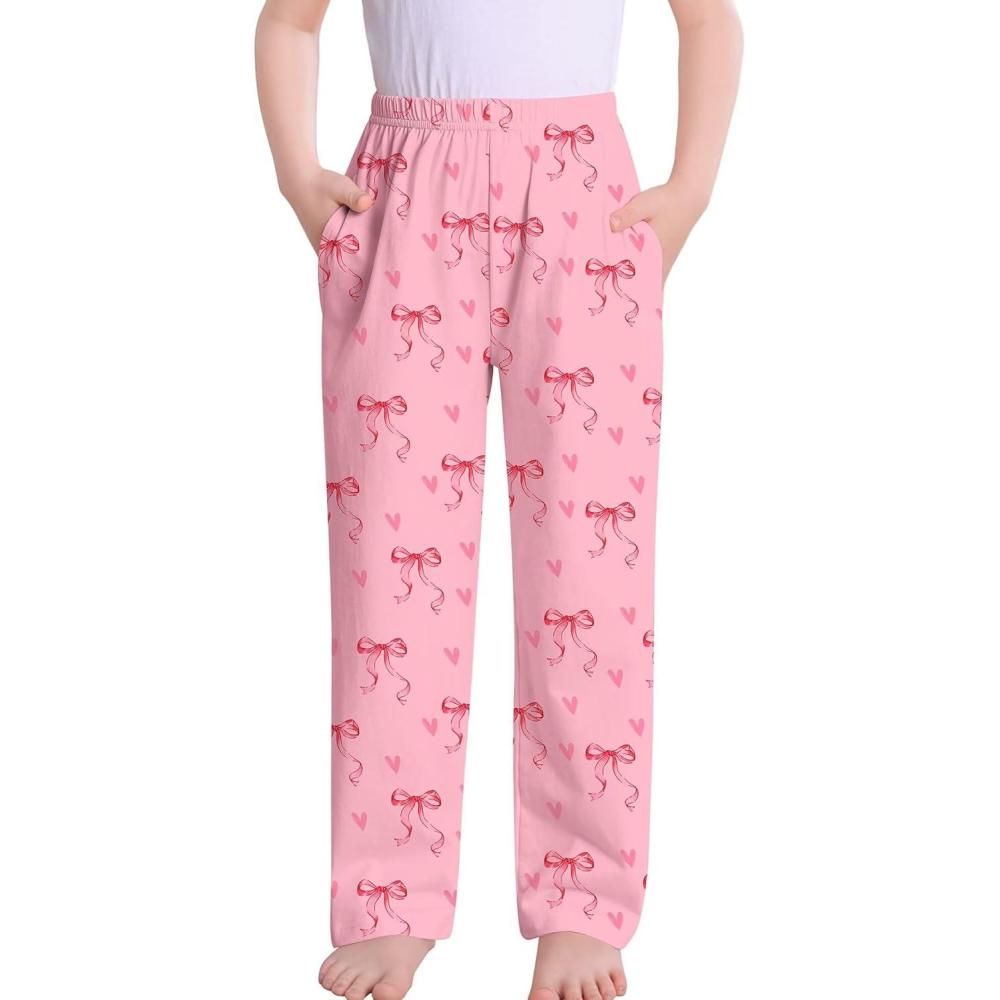 imageSWOMOG Girls Comfy Pajama Pants UltraSoft Long Lounge Pj Bottoms with Pockets for Lounge SleepoversPink Bow