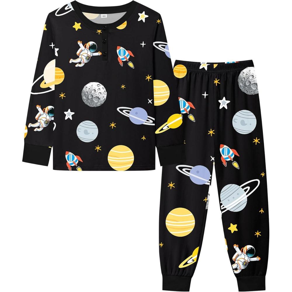 imageSWOMOG Girls Pajama Set Short Sleeve Tops amp Ruffled Shorts with Pocket 2 Piece Summer Pajamas for Kids Size 615Black Astronauts