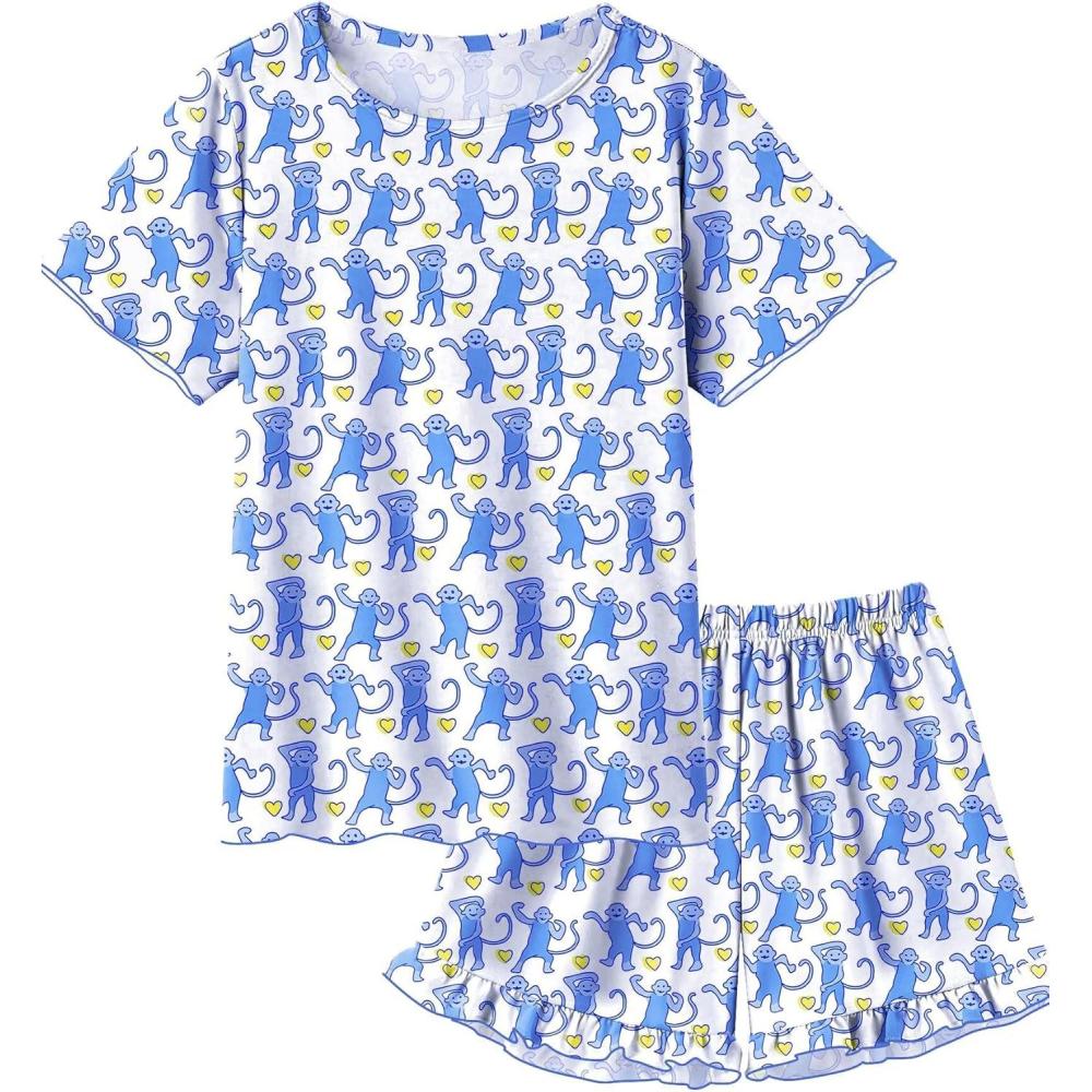 imageSWOMOG Girls Pajama Set Short Sleeve Tops amp Ruffled Shorts with Pocket 2 Piece Summer Pajamas for Kids Size 615Blue Monkey