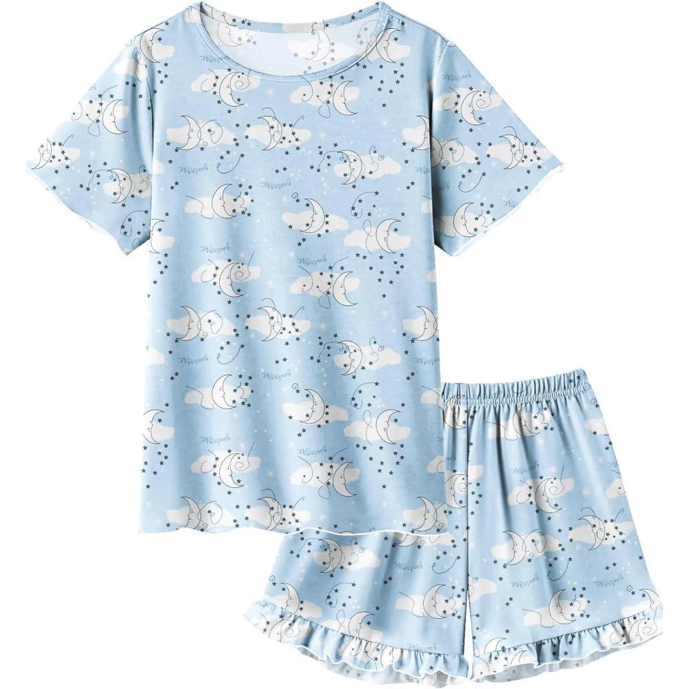 imageSWOMOG Girls Pajama Set Short Sleeve Tops amp Ruffled Shorts with Pocket 2 Piece Summer Pajamas for Kids Size 615Blue Moon Cloud