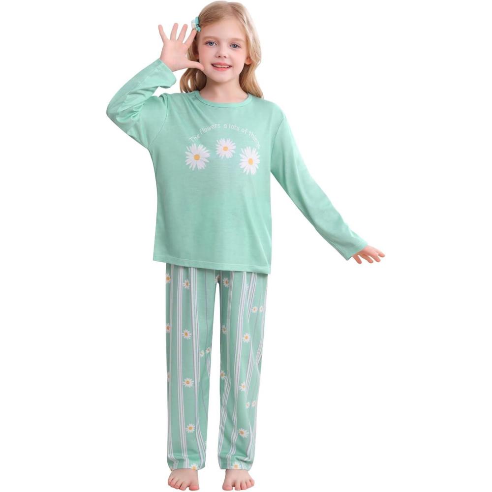 imageSWOMOG Girls Pajama Set Short Sleeve Tops amp Ruffled Shorts with Pocket 2 Piece Summer Pajamas for Kids Size 615Green Flroal Daisy