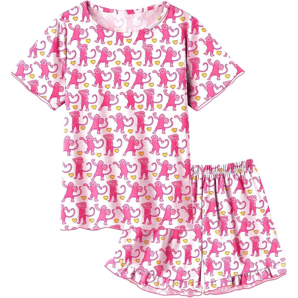 imageSWOMOG Girls Pajama Set Short Sleeve Tops amp Ruffled Shorts with Pocket 2 Piece Summer Pajamas for Kids Size 615Pink Monkey