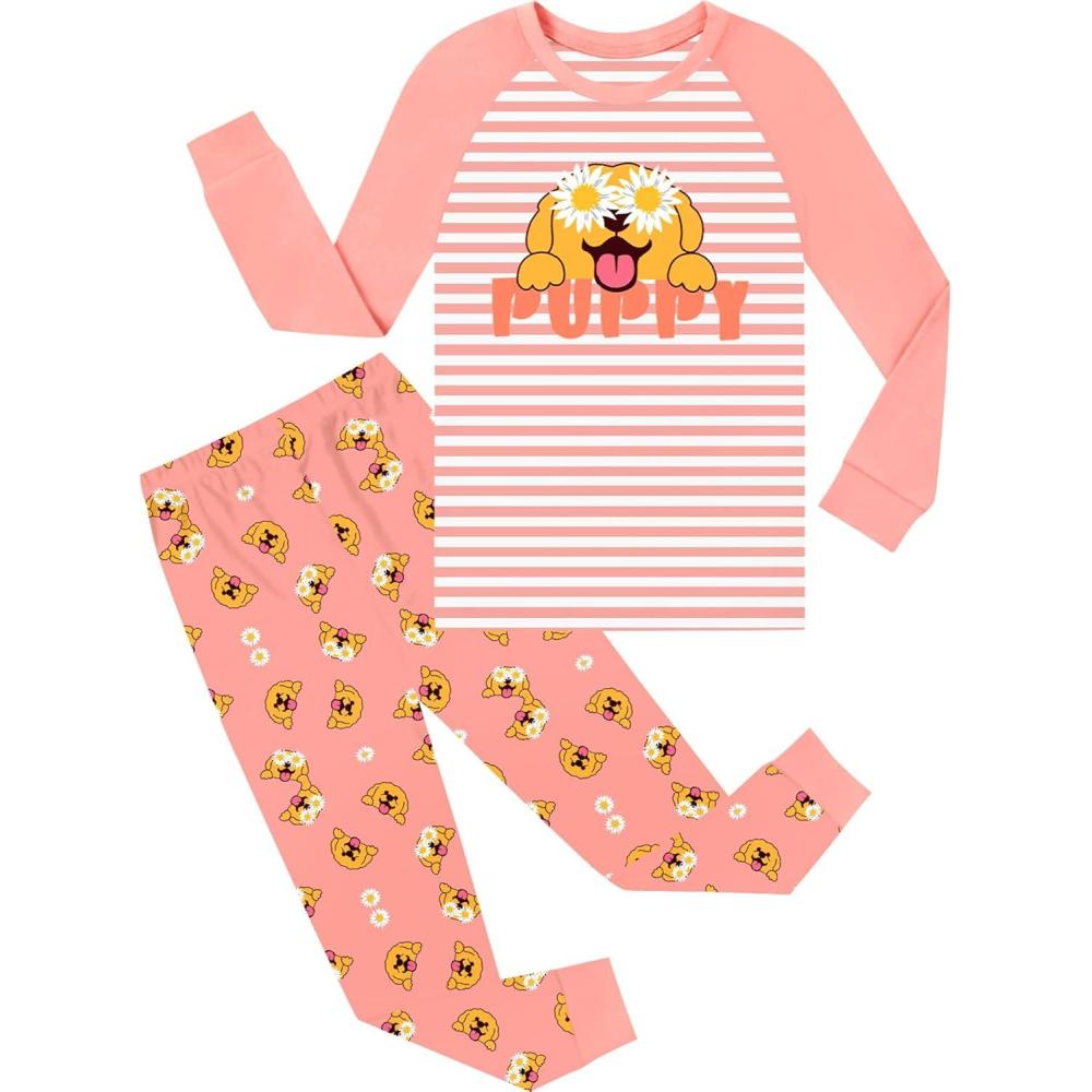 imageSWOMOG Girls Pajama Set Short Sleeve Tops amp Ruffled Shorts with Pocket 2 Piece Summer Pajamas for Kids Size 615Raglan Sleevesorange Dog