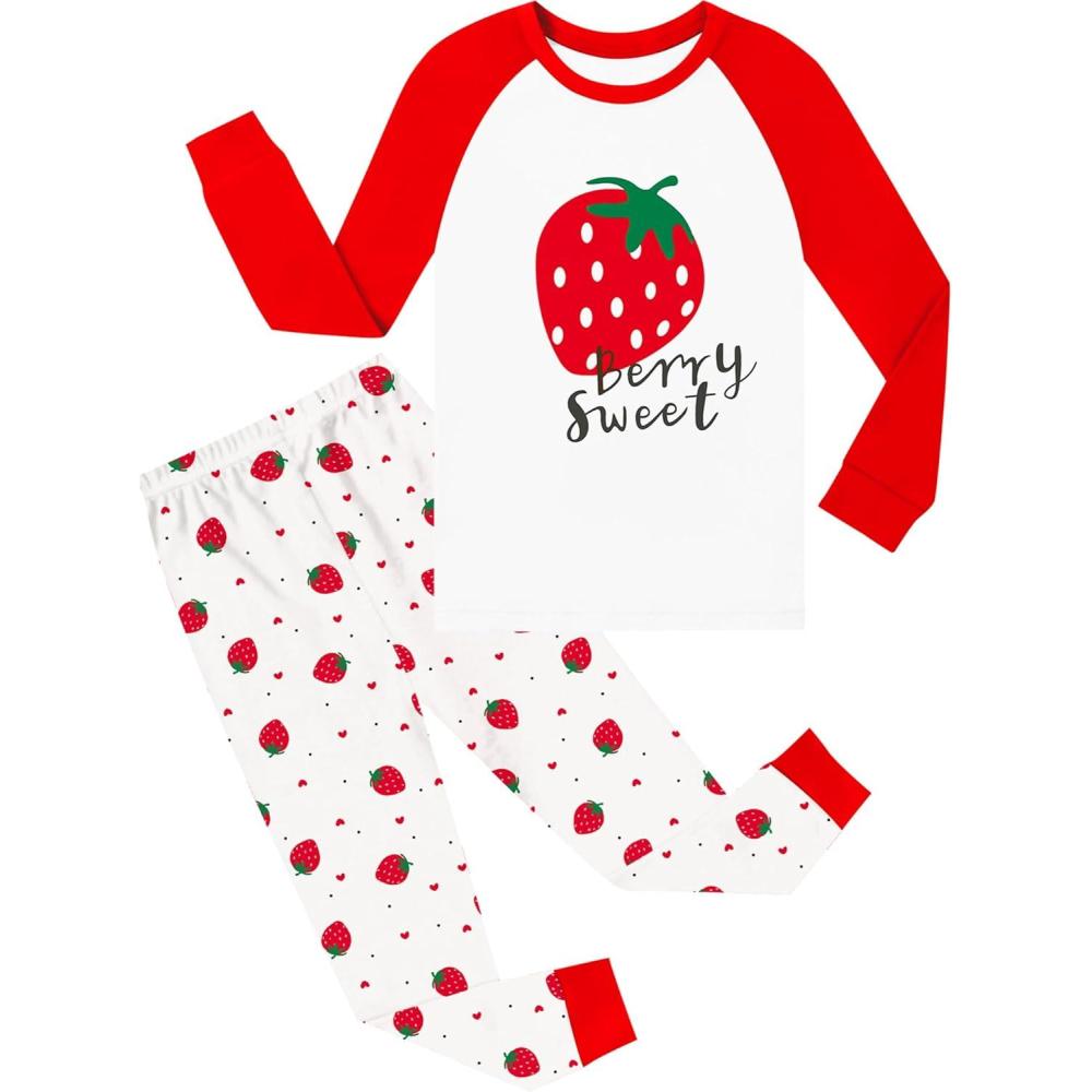 imageSWOMOG Girls Pajama Set Short Sleeve Tops amp Ruffled Shorts with Pocket 2 Piece Summer Pajamas for Kids Size 615Raglan Sleevesred Strawberry