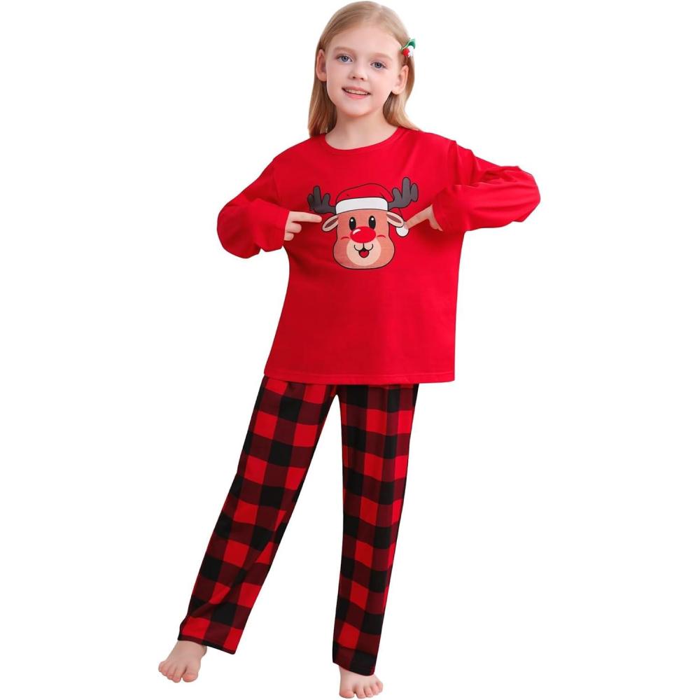 imageSWOMOG Girls Pajama Set Short Sleeve Tops amp Ruffled Shorts with Pocket 2 Piece Summer Pajamas for Kids Size 615Red Plaid Deer