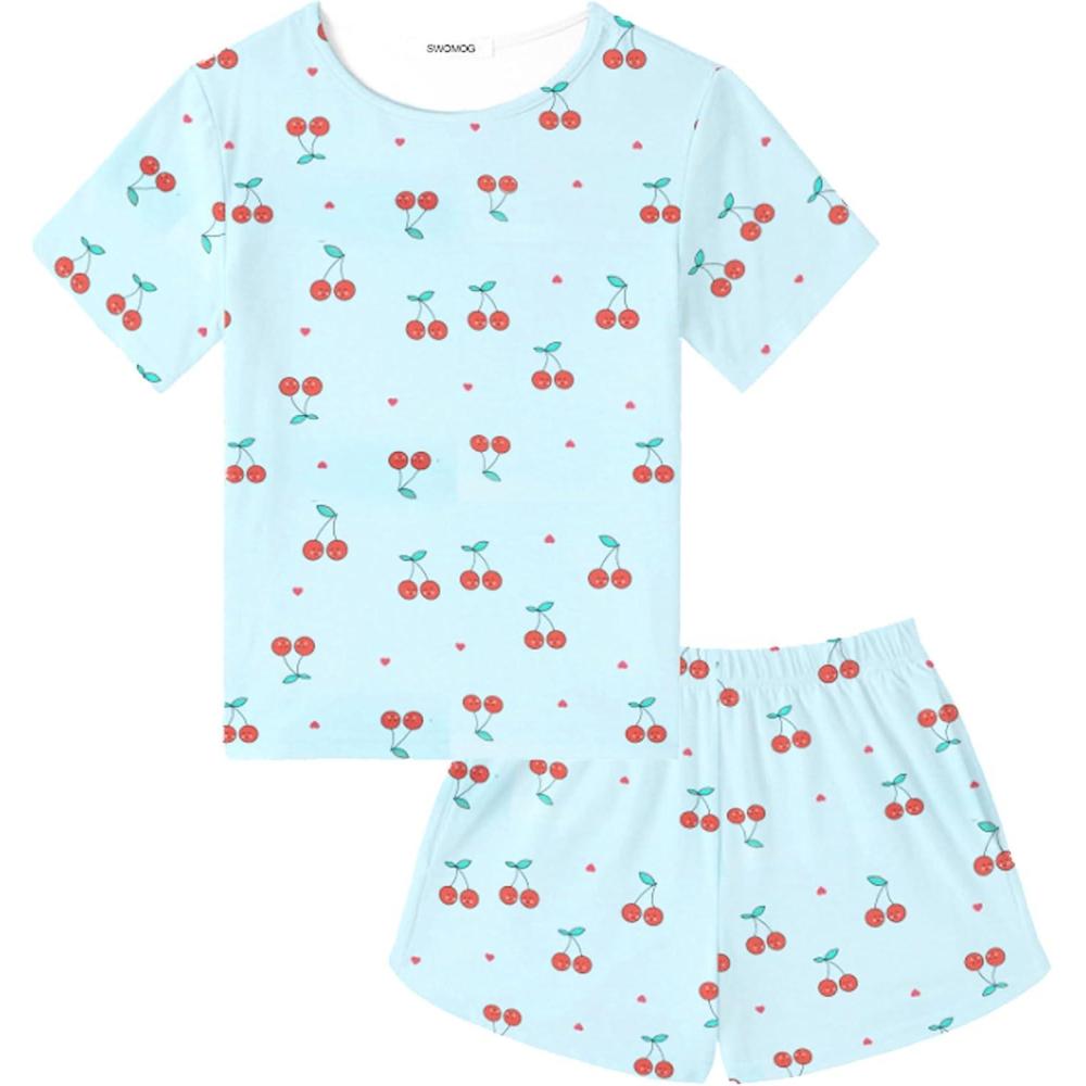 imageSWOMOG Girls Pajama Set Short Sleeve Tops amp Ruffled Shorts with Pocket 2 Piece Summer Pajamas for Kids Size 615Short Sleeveblue Cherry