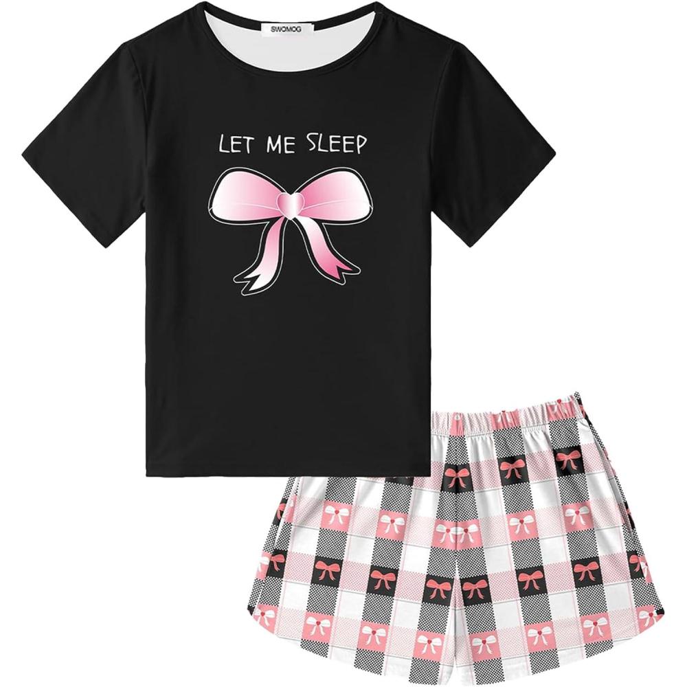 imageSWOMOG Girls Pajama Set Short Sleeve Tops amp Ruffled Shorts with Pocket 2 Piece Summer Pajamas for Kids Size 615Short Sleevebow Plaid