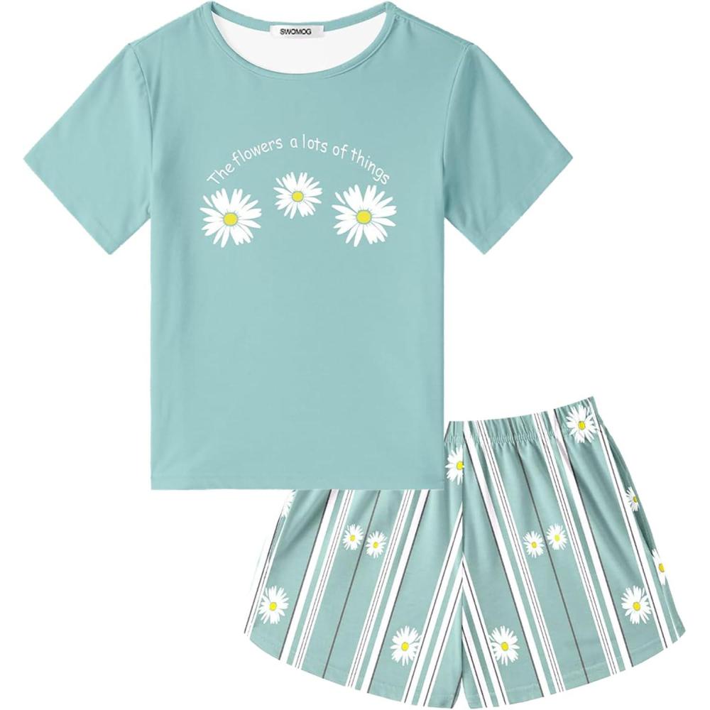 imageSWOMOG Girls Pajama Set Short Sleeve Tops amp Ruffled Shorts with Pocket 2 Piece Summer Pajamas for Kids Size 615Short Sleevegreen Daisy