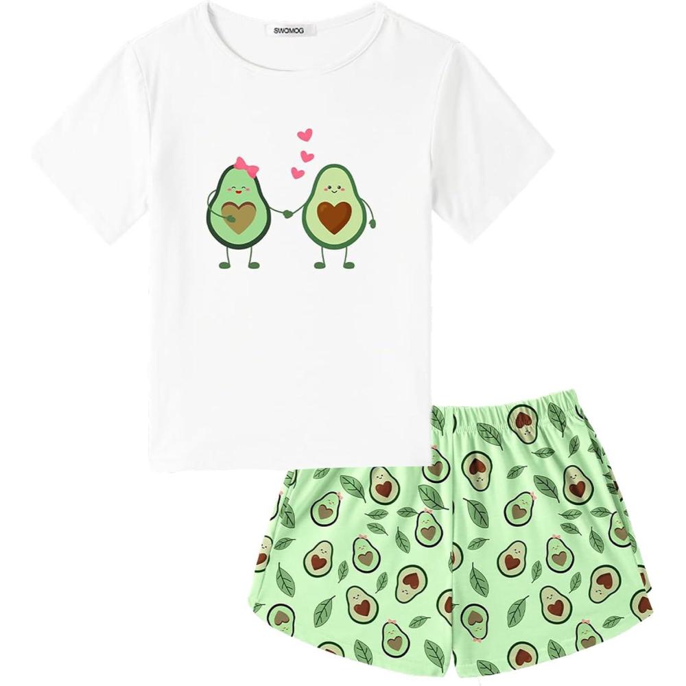 imageSWOMOG Girls Pajama Set Short Sleeve Tops amp Ruffled Shorts with Pocket 2 Piece Summer Pajamas for Kids Size 615Short Sleevelove Avocado