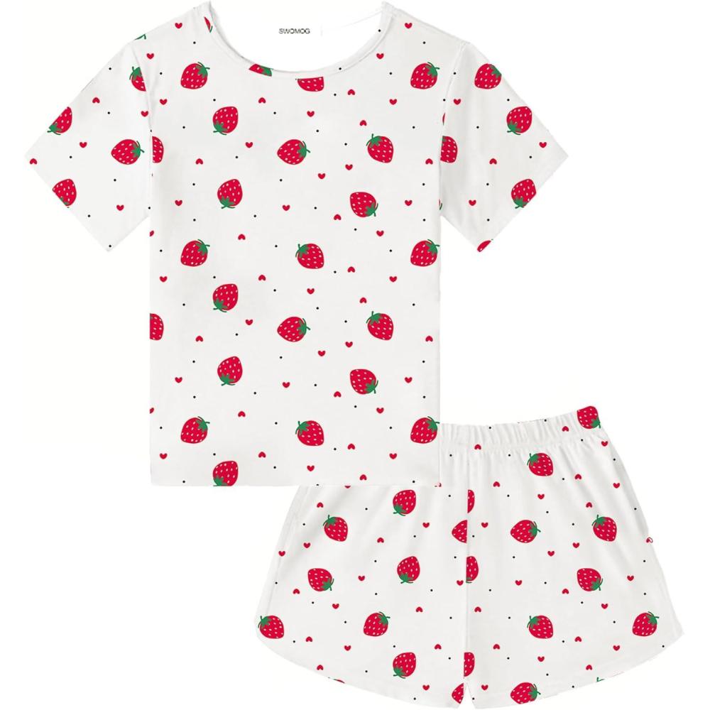 imageSWOMOG Girls Pajama Set Short Sleeve Tops amp Ruffled Shorts with Pocket 2 Piece Summer Pajamas for Kids Size 615Short Sleevewhite Little Strawberry