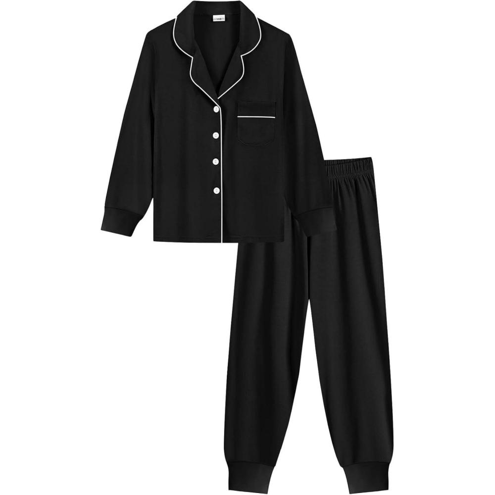 imageSWOMOG Girls Pajamas Set Kids Button Down Cute Print Pjs Sets Pant 2 Piece Soft Long Sleeve Sleepwear LoungewearBlack