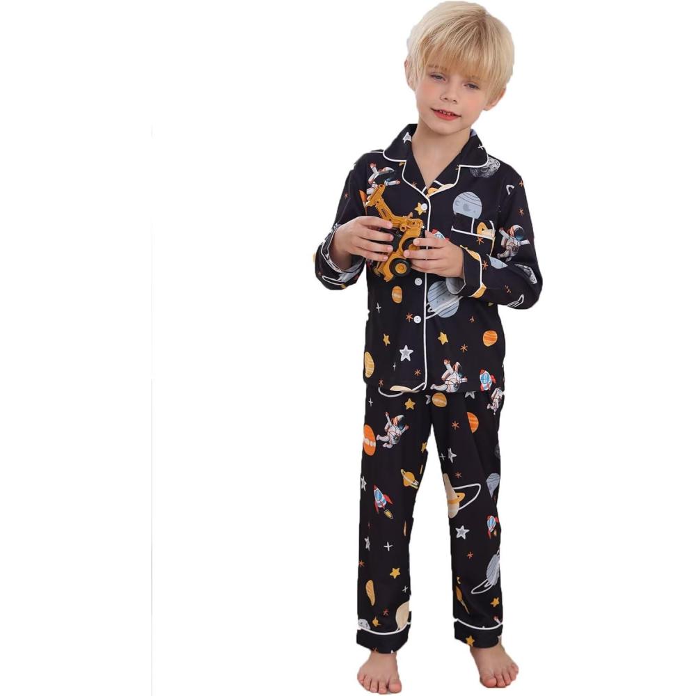 imageSWOMOG Girls Pajamas Set Kids Button Down Cute Print Pjs Sets Pant 2 Piece Soft Long Sleeve Sleepwear LoungewearBlack Astronauts