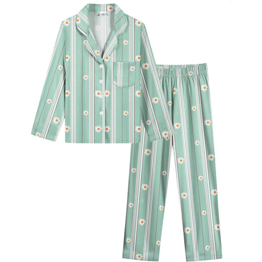 imageSWOMOG Girls Pajamas Set Kids Button Down Cute Print Pjs Sets Pant 2 Piece Soft Long Sleeve Sleepwear LoungewearBlue Daisy