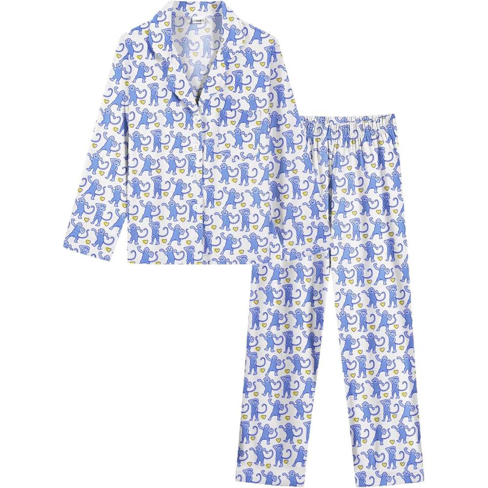 imageSWOMOG Girls Pajamas Set Kids Button Down Cute Print Pjs Sets Pant 2 Piece Soft Long Sleeve Sleepwear LoungewearBlue Monkey