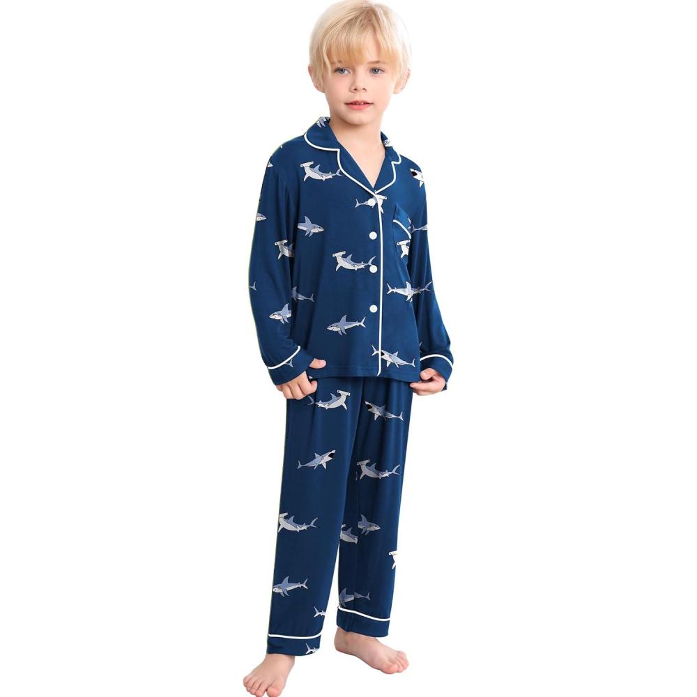 imageSWOMOG Girls Pajamas Set Kids Button Down Cute Print Pjs Sets Pant 2 Piece Soft Long Sleeve Sleepwear LoungewearBlue Shark