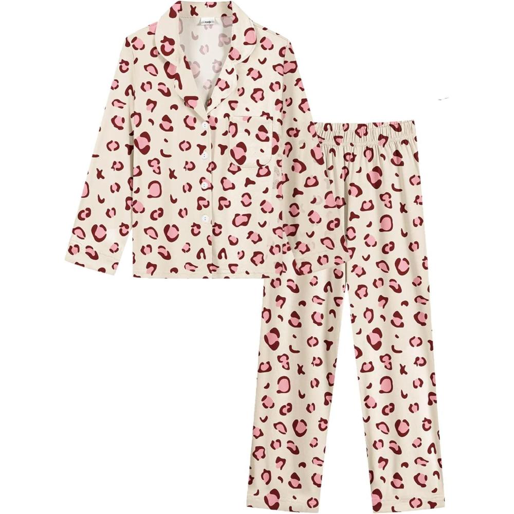 imageSWOMOG Girls Pajamas Set Kids Button Down Cute Print Pjs Sets Pant 2 Piece Soft Long Sleeve Sleepwear LoungewearChampagne Leopard