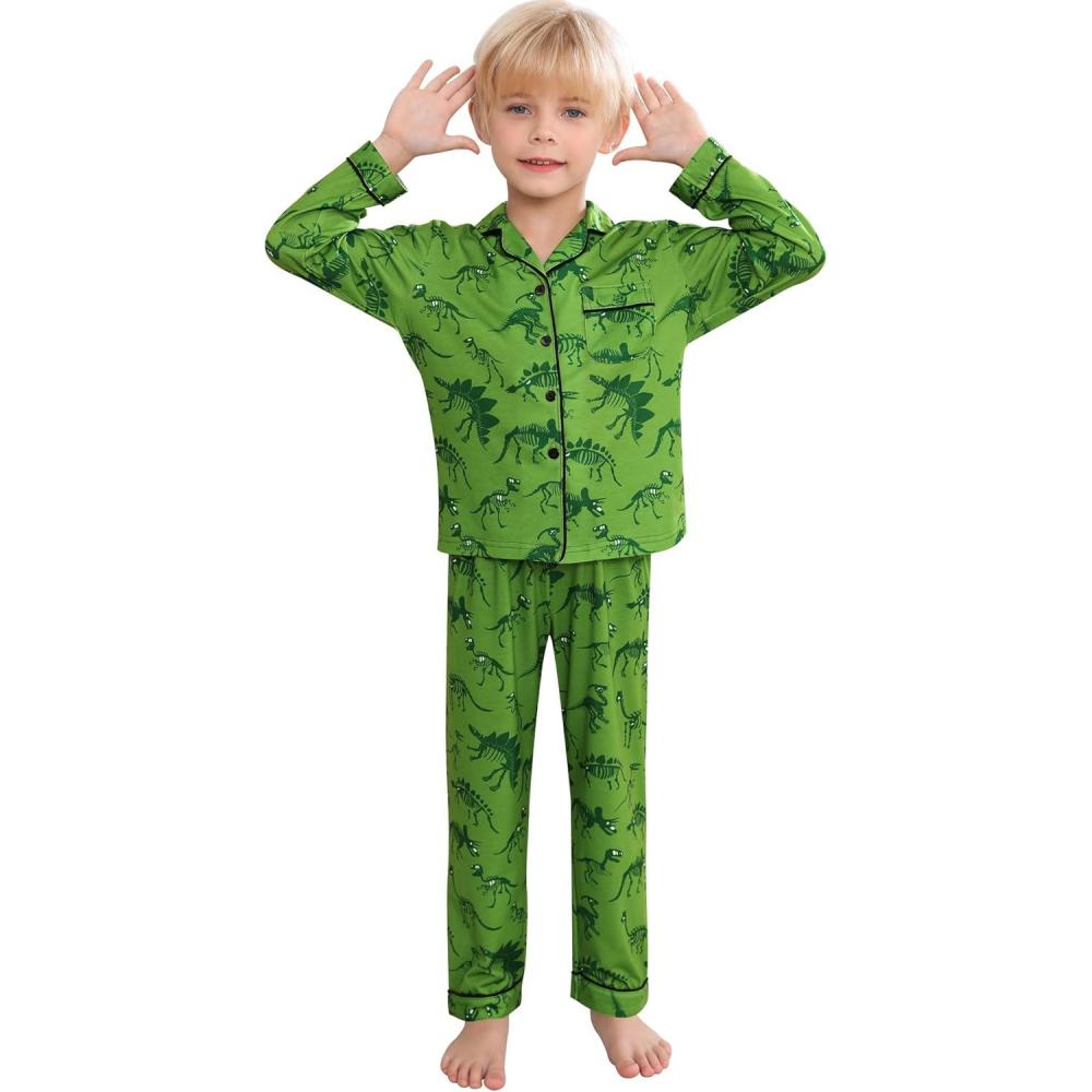 imageSWOMOG Girls Pajamas Set Kids Button Down Cute Print Pjs Sets Pant 2 Piece Soft Long Sleeve Sleepwear LoungewearGreen Dinosaur
