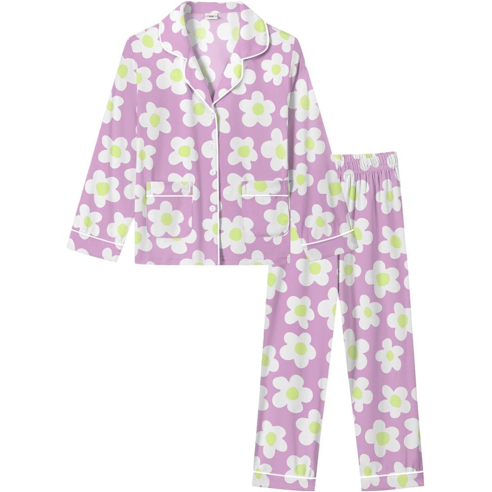 imageSWOMOG Girls Pajamas Set Kids Button Down Cute Print Pjs Sets Pant 2 Piece Soft Long Sleeve Sleepwear LoungewearLavender Flower