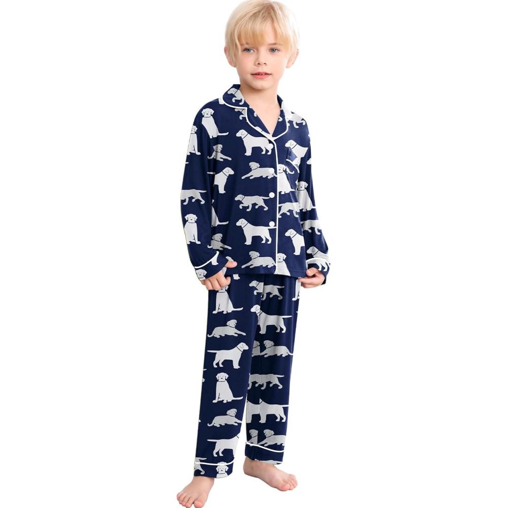imageSWOMOG Girls Pajamas Set Kids Button Down Cute Print Pjs Sets Pant 2 Piece Soft Long Sleeve Sleepwear LoungewearNavy Blue Dogs