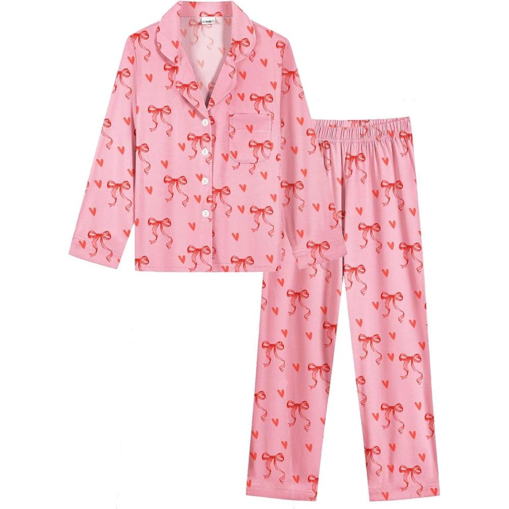 imageSWOMOG Girls Pajamas Set Kids Button Down Cute Print Pjs Sets Pant 2 Piece Soft Long Sleeve Sleepwear LoungewearPink Bow