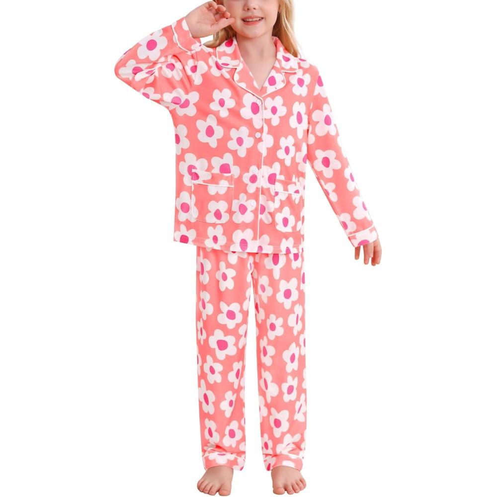 imageSWOMOG Girls Pajamas Set Kids Button Down Cute Print Pjs Sets Pant 2 Piece Soft Long Sleeve Sleepwear LoungewearPink Flower