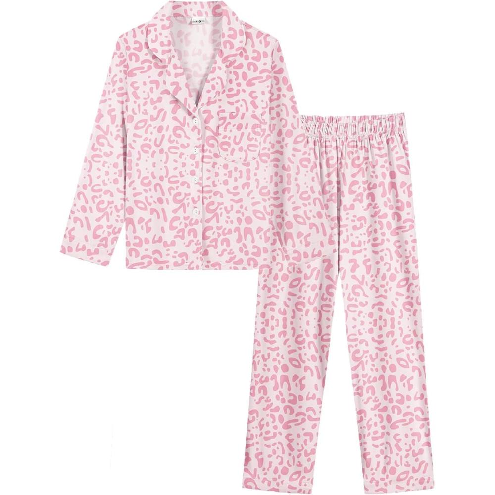 imageSWOMOG Girls Pajamas Set Kids Button Down Cute Print Pjs Sets Pant 2 Piece Soft Long Sleeve Sleepwear LoungewearPink Leopard