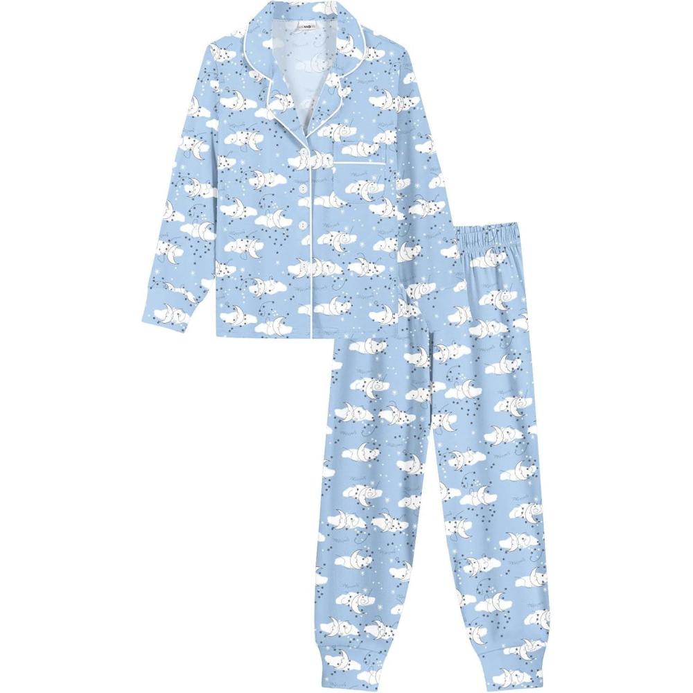imageSWOMOG Girls Pajamas Set Kids Button Down Cute Print Pjs Sets Pant 2 Piece Soft Long Sleeve Sleepwear LoungewearWhite Moon