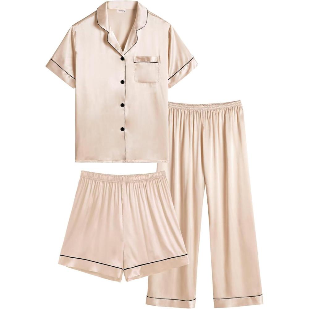 imageSWOMOG Kids Silk Pajamas 3 Piece Girls Boys Satin Pajamas Set ButtonDown PJs Set Soft Loungewear Short Sleeve SleepwearChampagne