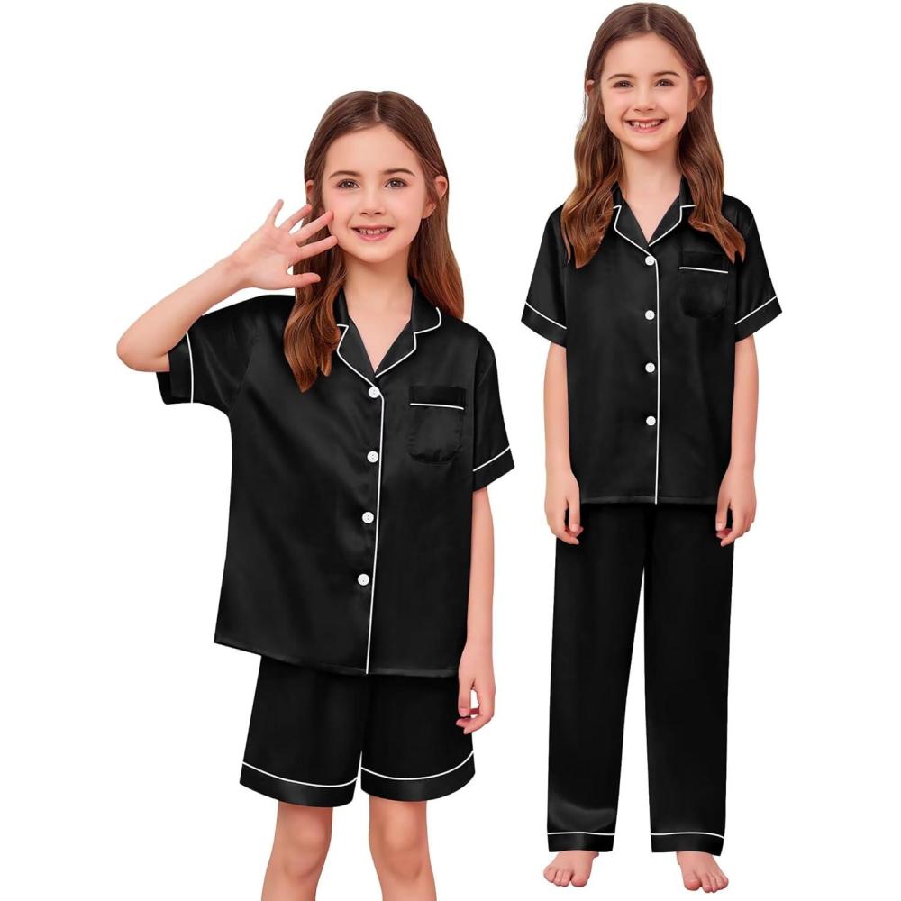 imageSWOMOG Kids Silk Pajamas 3 Piece Girls Boys Satin Pajamas Set ButtonDown PJs Set Soft Loungewear Short Sleeve SleepwearDeep Black