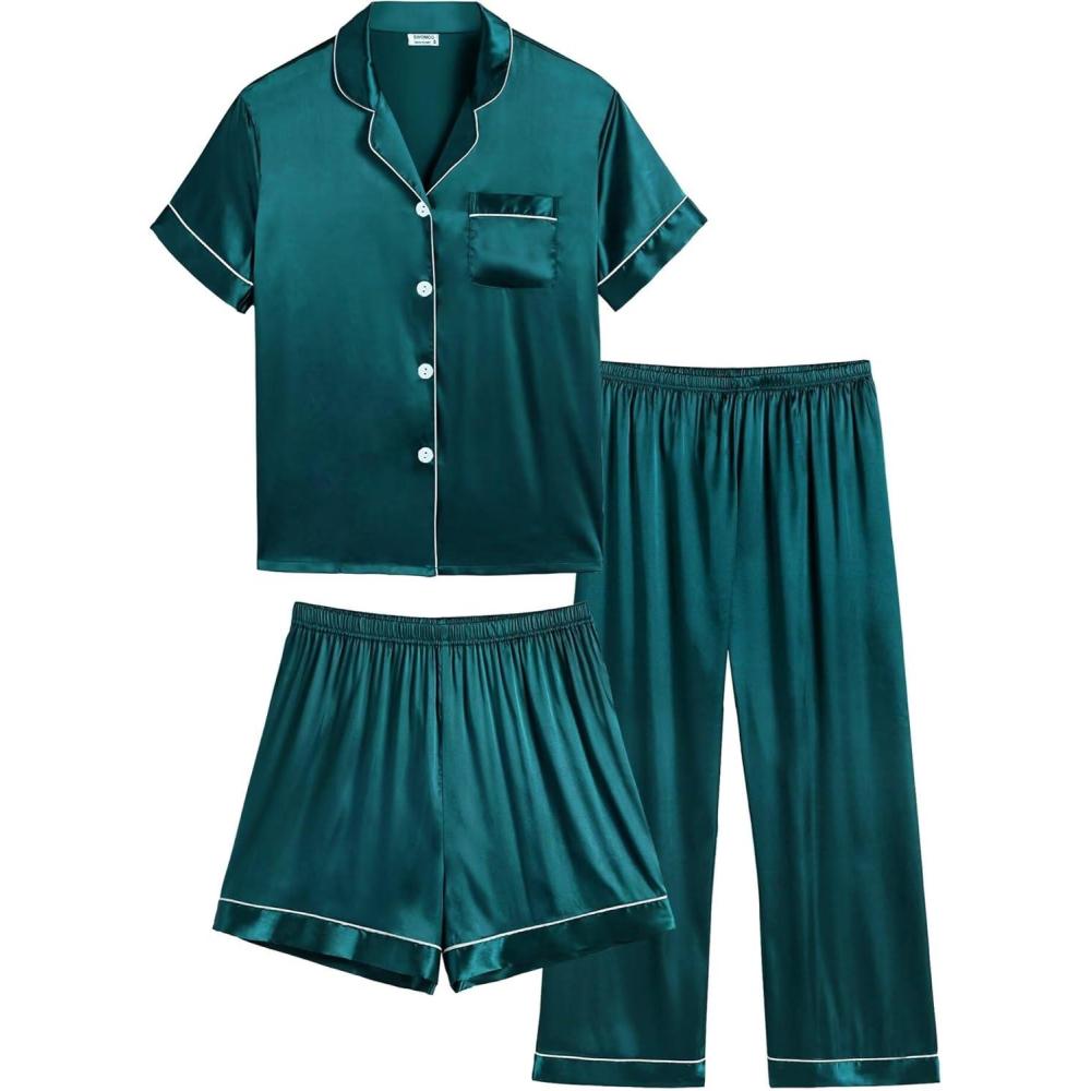 imageSWOMOG Kids Silk Pajamas 3 Piece Girls Boys Satin Pajamas Set ButtonDown PJs Set Soft Loungewear Short Sleeve SleepwearDeep Green