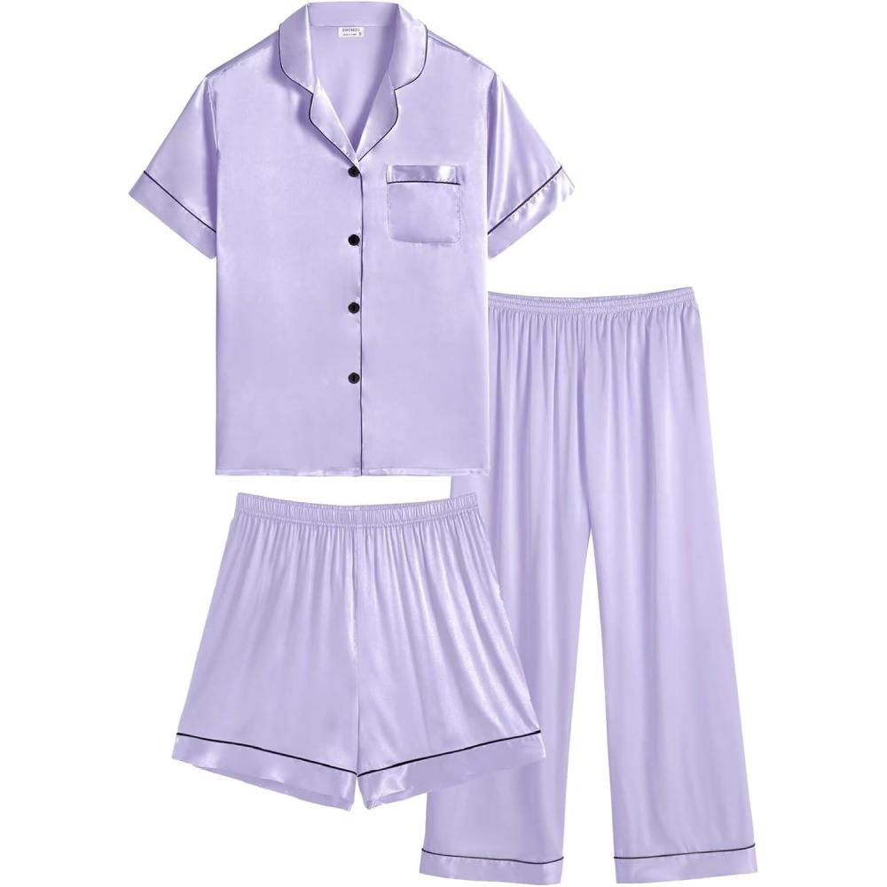 imageSWOMOG Kids Silk Pajamas 3 Piece Girls Boys Satin Pajamas Set ButtonDown PJs Set Soft Loungewear Short Sleeve SleepwearLavender