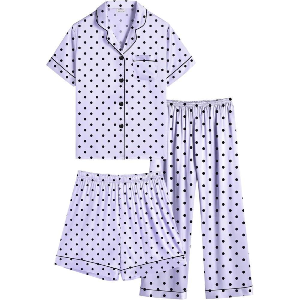 imageSWOMOG Kids Silk Pajamas 3 Piece Girls Boys Satin Pajamas Set ButtonDown PJs Set Soft Loungewear Short Sleeve SleepwearLavender Dots