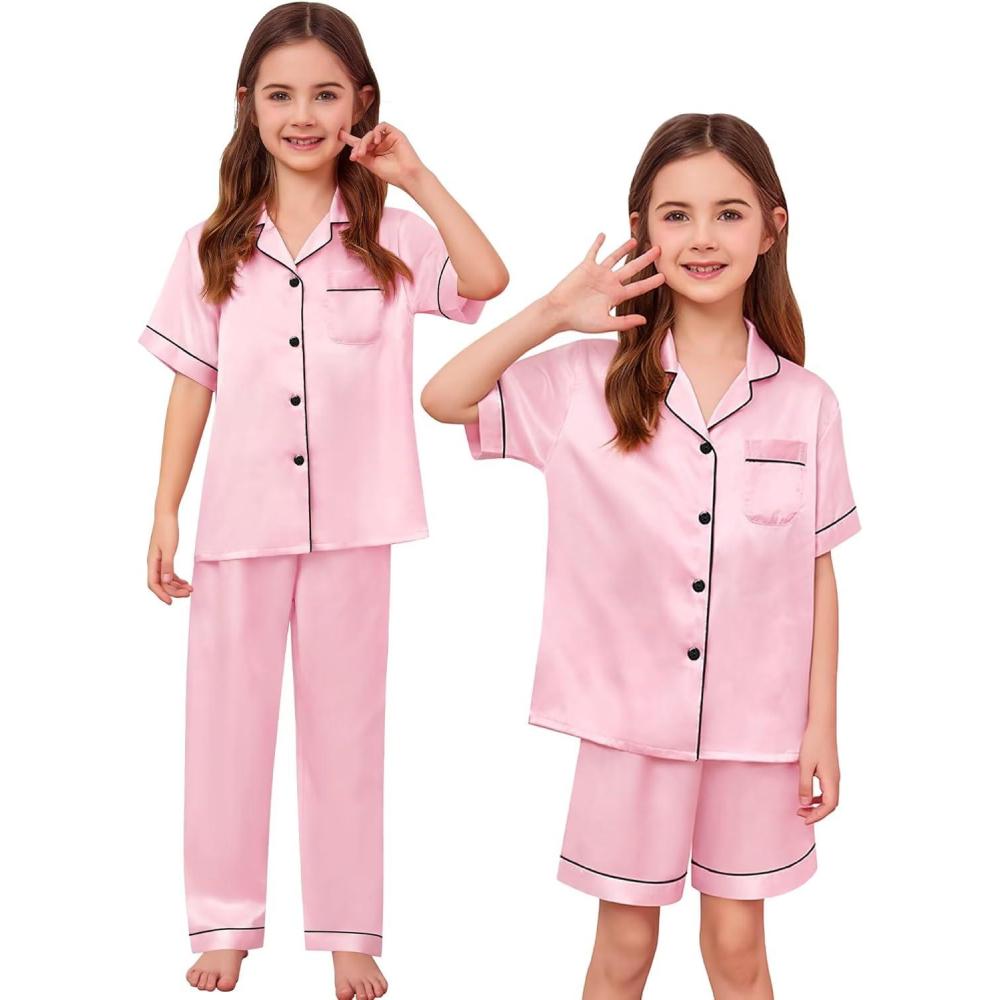 imageSWOMOG Kids Silk Pajamas 3 Piece Girls Boys Satin Pajamas Set ButtonDown PJs Set Soft Loungewear Short Sleeve SleepwearLight Pink