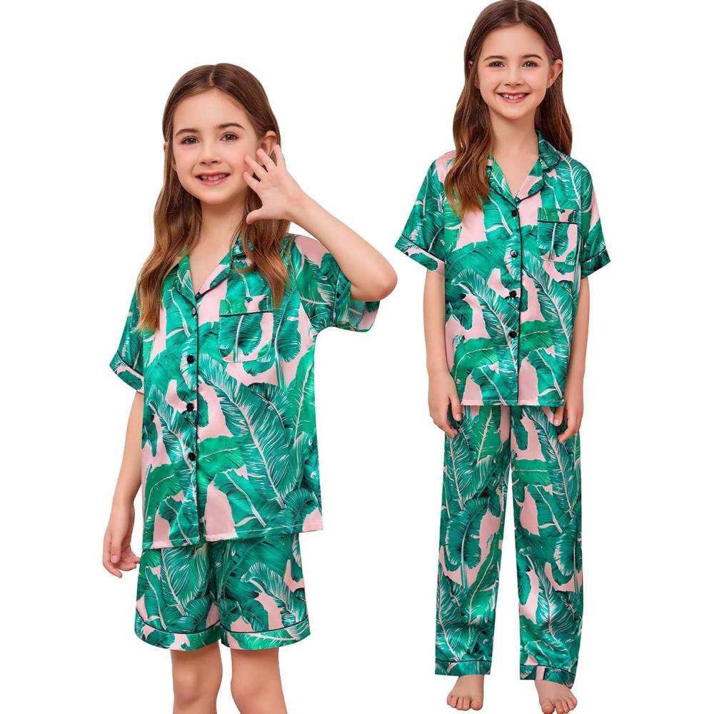 imageSWOMOG Kids Silk Pajamas 3 Piece Girls Boys Satin Pajamas Set ButtonDown PJs Set Soft Loungewear Short Sleeve SleepwearLight Pink Leaves