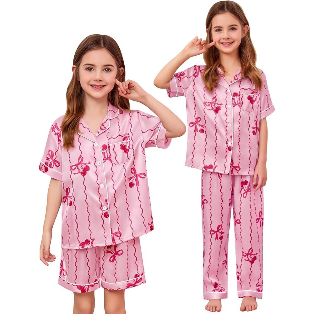 imageSWOMOG Kids Silk Pajamas 3 Piece Girls Boys Satin Pajamas Set ButtonDown PJs Set Soft Loungewear Short Sleeve SleepwearLight Pink Stripes
