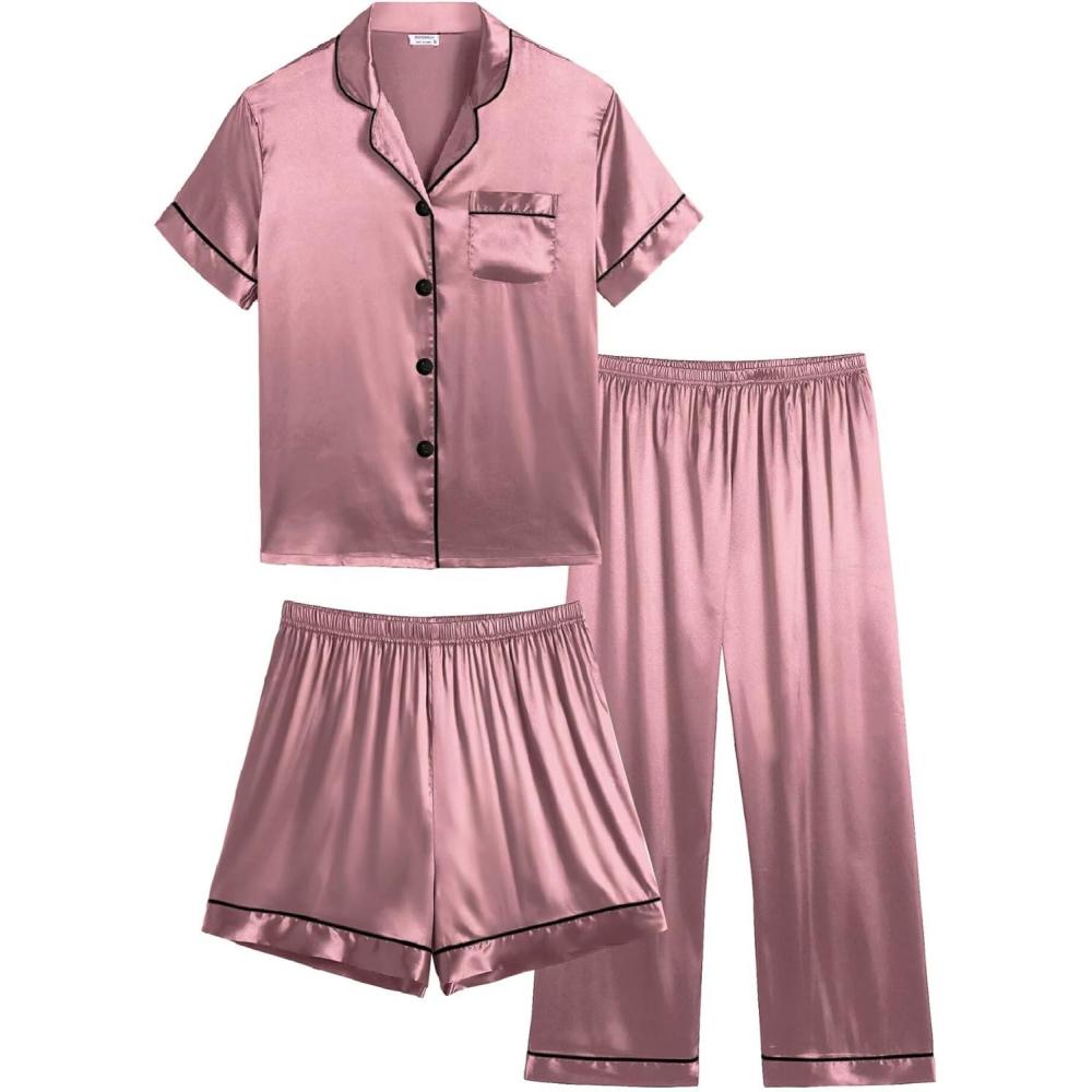 imageSWOMOG Kids Silk Pajamas 3 Piece Girls Boys Satin Pajamas Set ButtonDown PJs Set Soft Loungewear Short Sleeve SleepwearMisty Rose
