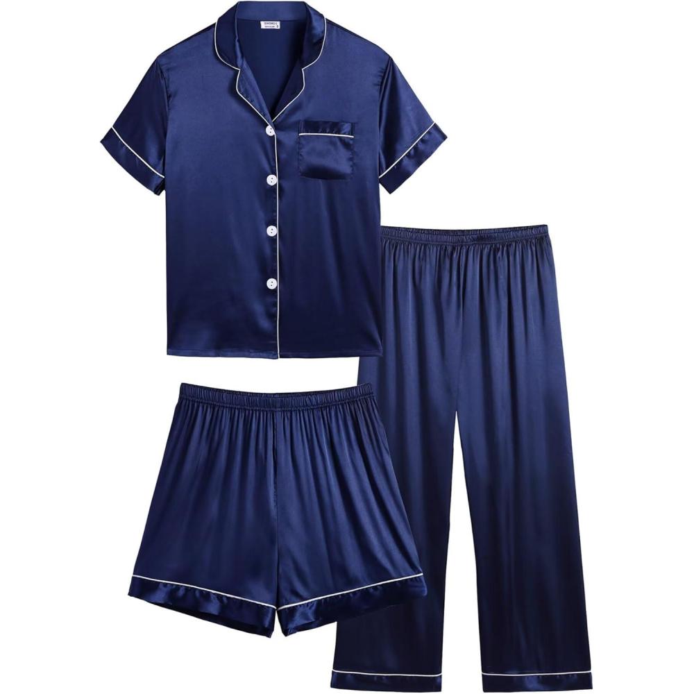 imageSWOMOG Kids Silk Pajamas 3 Piece Girls Boys Satin Pajamas Set ButtonDown PJs Set Soft Loungewear Short Sleeve SleepwearNavy Blue
