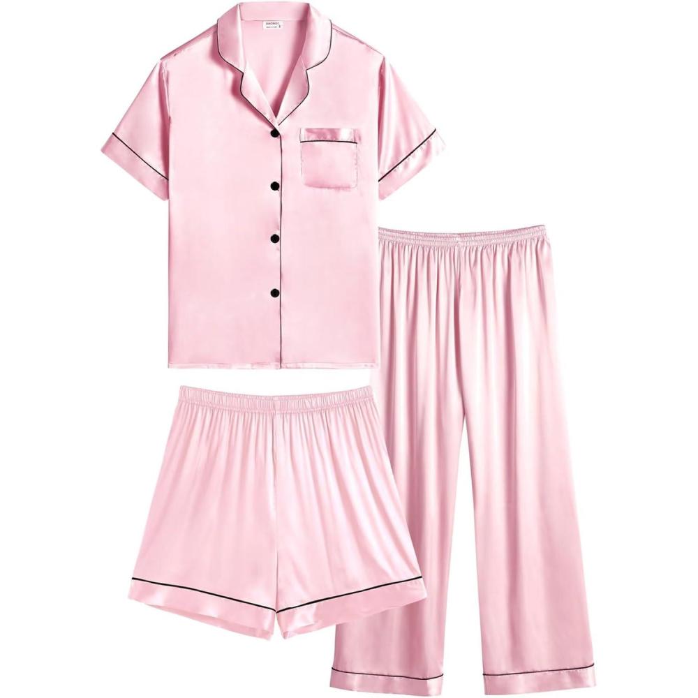 imageSWOMOG Kids Silk Pajamas 3 Piece Girls Boys Satin Pajamas Set ButtonDown PJs Set Soft Loungewear Short Sleeve SleepwearPink