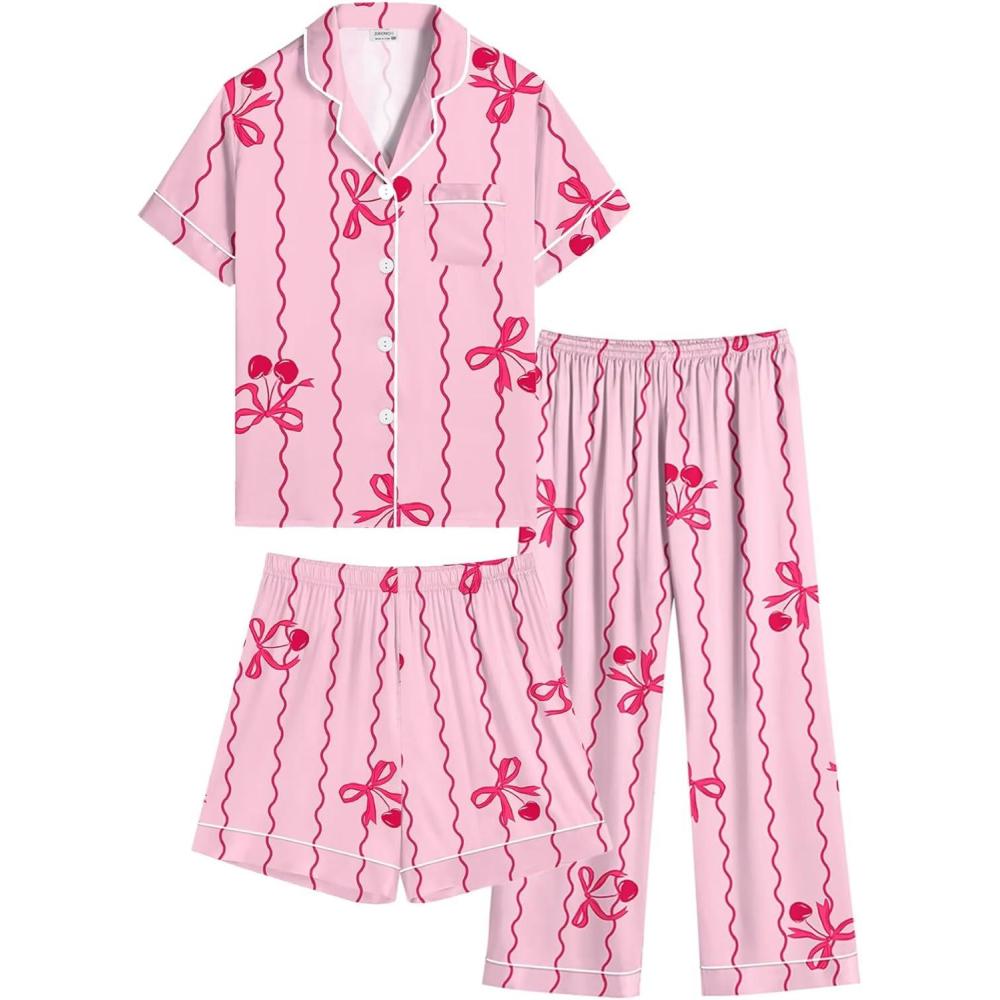 imageSWOMOG Kids Silk Pajamas 3 Piece Girls Boys Satin Pajamas Set ButtonDown PJs Set Soft Loungewear Short Sleeve SleepwearPink Bow