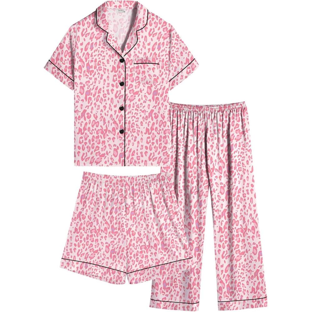 imageSWOMOG Kids Silk Pajamas 3 Piece Girls Boys Satin Pajamas Set ButtonDown PJs Set Soft Loungewear Short Sleeve SleepwearPink Leopard