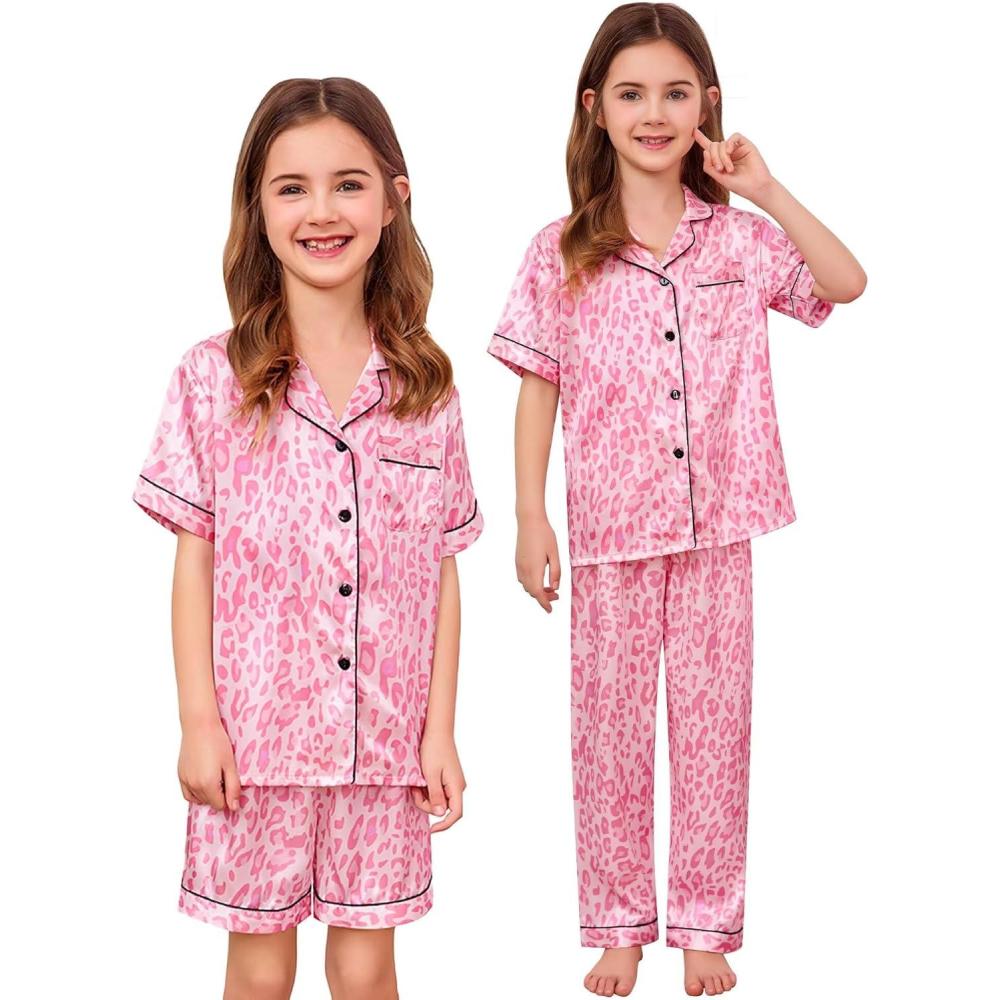 imageSWOMOG Kids Silk Pajamas 3 Piece Girls Boys Satin Pajamas Set ButtonDown PJs Set Soft Loungewear Short Sleeve SleepwearPink Print Leopard