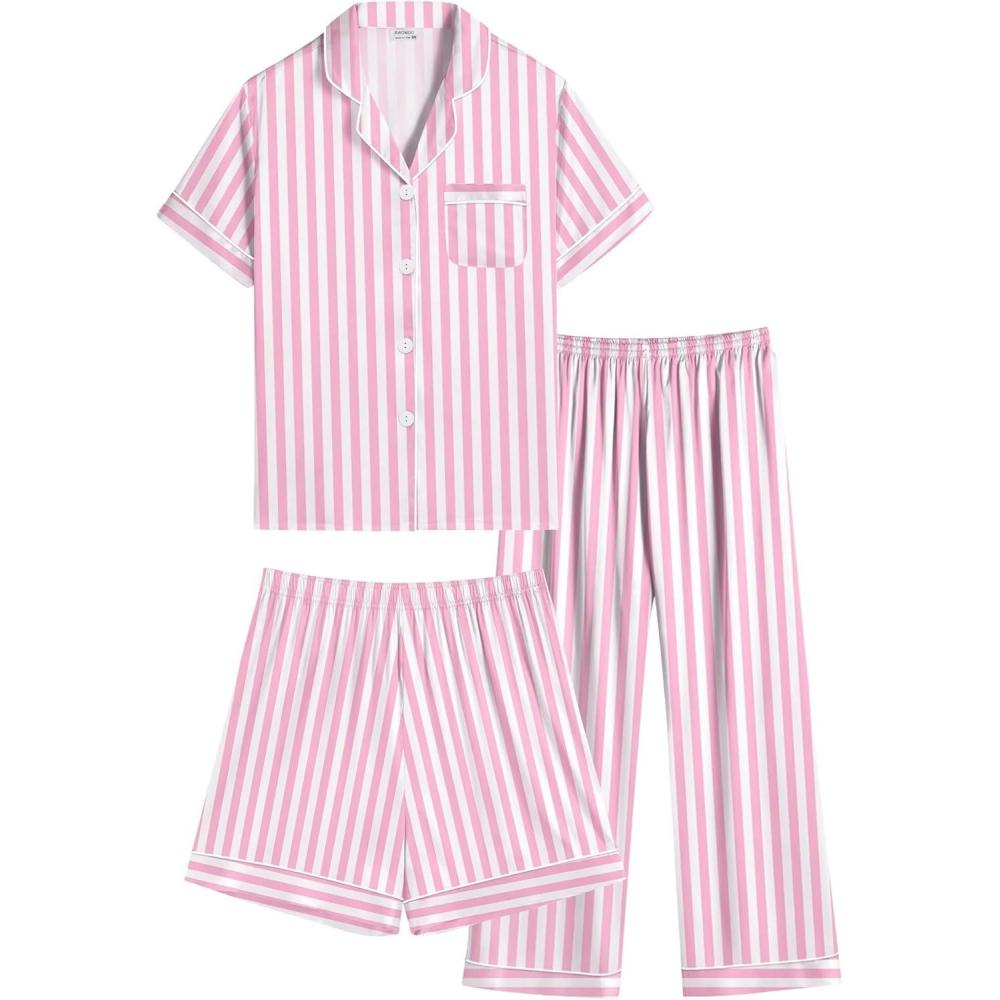imageSWOMOG Kids Silk Pajamas 3 Piece Girls Boys Satin Pajamas Set ButtonDown PJs Set Soft Loungewear Short Sleeve SleepwearPink Striped