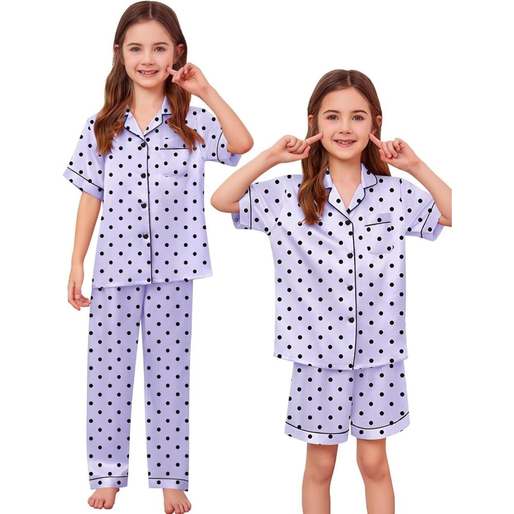 imageSWOMOG Kids Silk Pajamas 3 Piece Girls Boys Satin Pajamas Set ButtonDown PJs Set Soft Loungewear Short Sleeve SleepwearPurple Black
