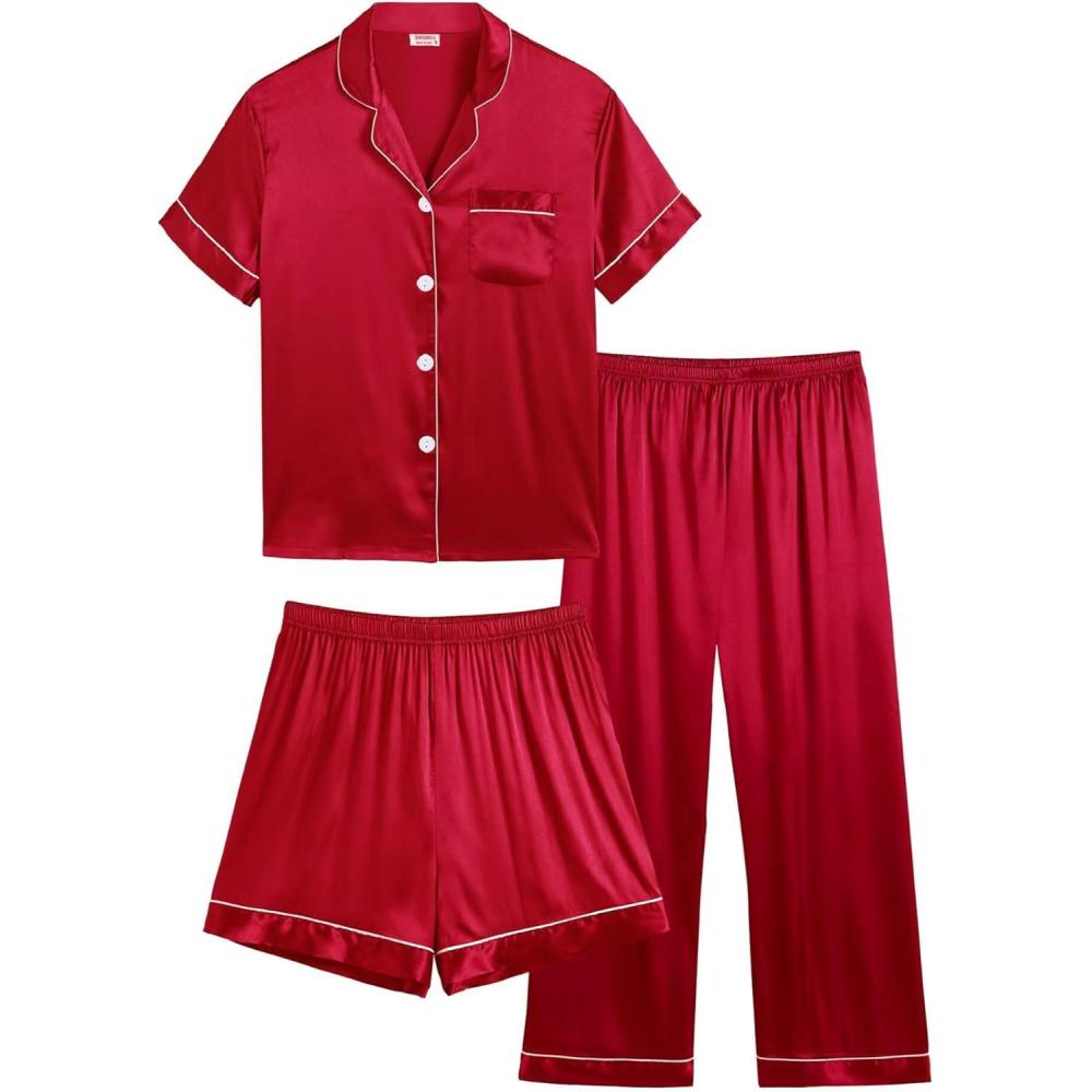 imageSWOMOG Kids Silk Pajamas 3 Piece Girls Boys Satin Pajamas Set ButtonDown PJs Set Soft Loungewear Short Sleeve SleepwearRed 1