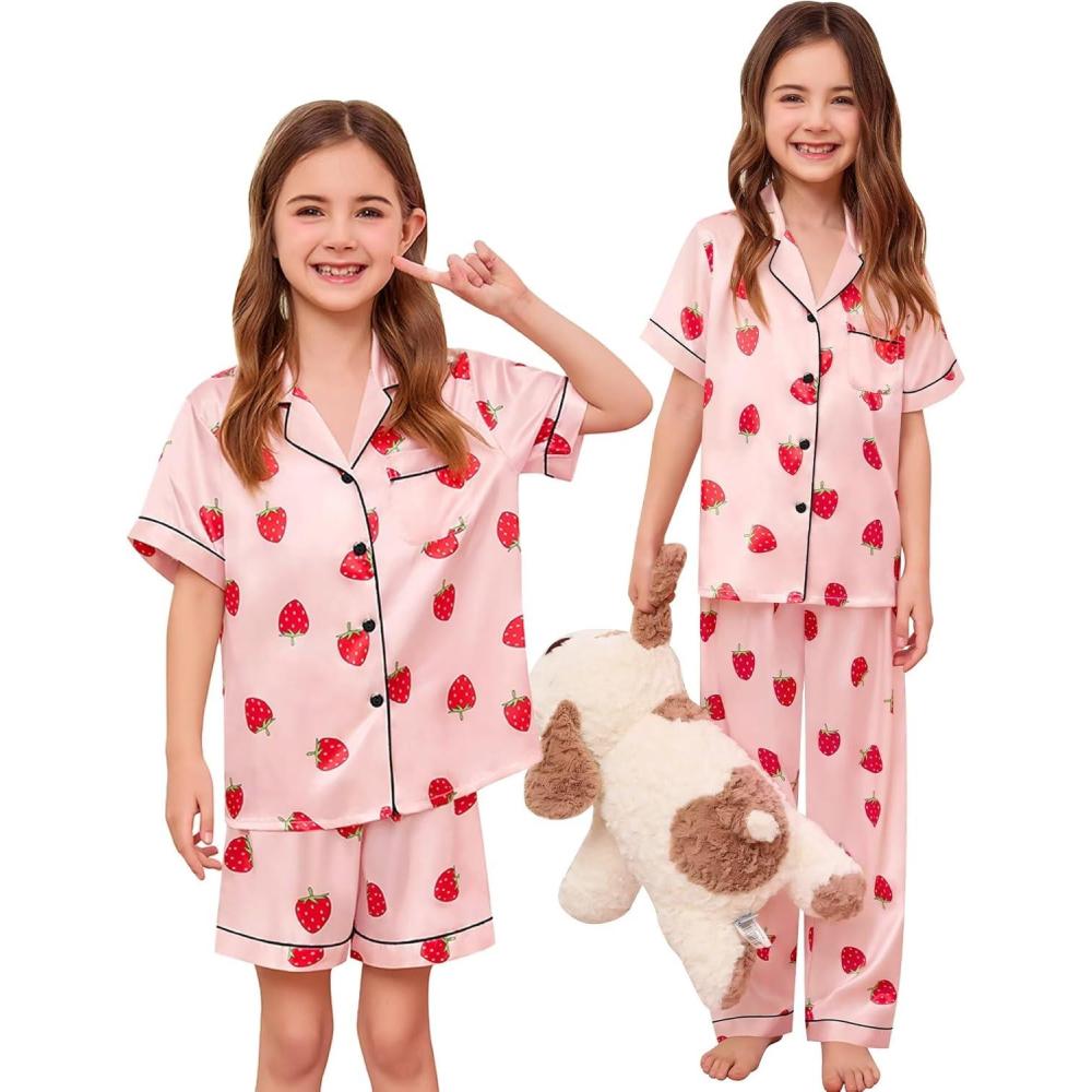 imageSWOMOG Kids Silk Pajamas 3 Piece Girls Boys Satin Pajamas Set ButtonDown PJs Set Soft Loungewear Short Sleeve SleepwearStrawberry Pink